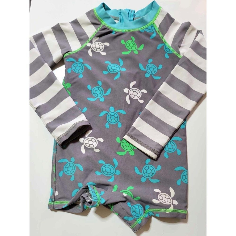 Wave Zone One Piece Swim suit Size 24 months Gray Turtles Stripes‎ Long Sleeve